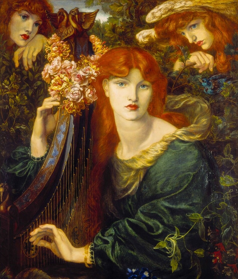 Peut inclure: Une peinture d'une femme aux longs cheveux roux jouant du harpe. Elle est entour&eacute;e de fleurs et de verdure. Deux autres femmes aux cheveux roux sont en arri&egrave;re-plan.