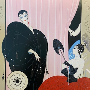 May include: Two women in a vintage art deco style illustration. One woman is wearing a black dress with a long train and a pearl necklace. The other woman is wearing a red dress with a blue sash and a pearl necklace. Both women are holding fans.