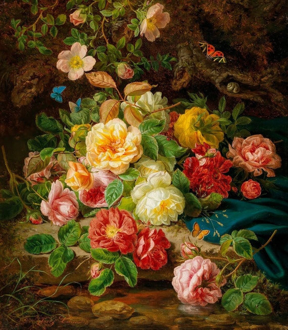 Still Life Floral Arrangement, Fruit Still Life, Artwork, Flowers, Still Life, Wall Art, Roses, Rose, Home Decor, Neutral Tan Art,