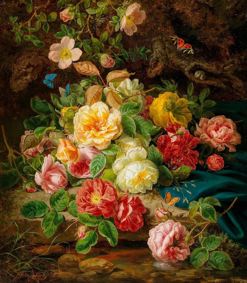 May include: A still life painting featuring a bouquet of pink, white, yellow, and red roses with green leaves. The flowers are arranged on a rock with a blue cloth and a small stream of water in the foreground. There are butterflies and a ladybug in the painting.