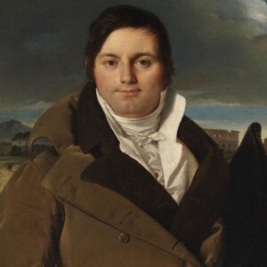 May include: A portrait painting of a man wearing a brown coat with a white collar and a white cravat. The man has dark hair and a serious expression. The background is a landscape with a cloudy sky and a glimpse of a building in the distance.