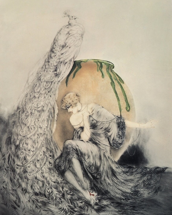 Louis Icart, Woman and the Peacock, Louis Icart Print, Print of a