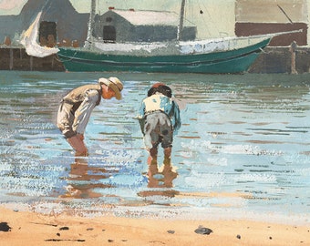 Boys Wading by WInslow Homer, LARGE 12x18 Poster Print, Nautical Art, Beach House Decor, Beach Art, Ocean Scene, Seascape, Traditional Art