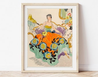 May include: Framed art print featuring a vintage illustration of a woman in a vibrant orange and green dress adorned with large blue roses. The artwork is set against a light background, with a wooden frame.