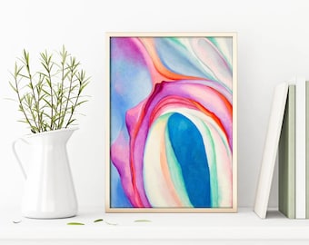 May include: Abstract art print featuring a colorful, organic shape with shades of pink, blue, green, and white. The shape resembles a flower or a seashell.