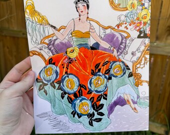 May include: A watercolor illustration of a woman in a vintage style dress with a large floral pattern. She is sitting on a chaise lounge with a feather boa and a jeweled headband. The background is a light blue and white.