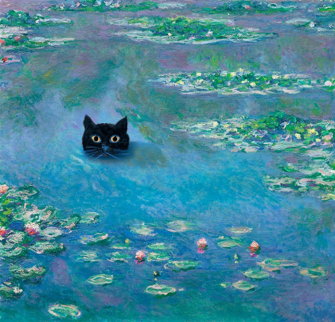 Whimsical Black Cat Swimming in Water Lilies in a Pond Claude