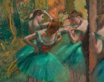 May include: A painting of four dancers in a ballet studio. The dancers are wearing green tutus and are in various poses. The background is a soft, pastel green and pink.