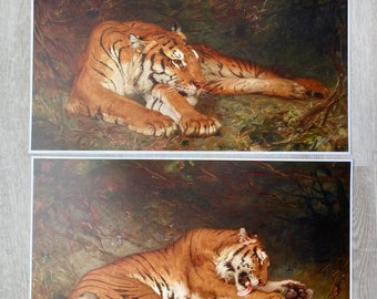 Large Pair of 12x18 Artwork, Vintage Tigers, Tiger Art, Tigers, Tiger Artwork, Asian Art, Chinoiserie, Chinese Art, Tropical Art, Vintage,