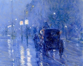 Childe Hassam, Rainy Midnight, Blue Art, Blue Artwork, Hassam Art, Hassam Wall Art, Print of Hassam Painting,