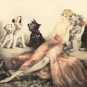 Louis Icart, Perfect Harmony, Woman and Her Pets, Dogs, Dog Art, Louis Icart Print, Print of a Painting, 1940's Artwork, 1950's Artwork,