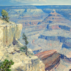 May include: A painting of a vast canyon landscape with a rocky cliff in the foreground. The canyon is painted in shades of blue, purple, and brown, with a hint of pink in the distance. The sky is a light blue with white clouds.
