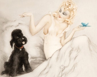 Louis Icart the Morning Cup, Louis Icart Print, Print of a Painting, 1940's Artwork, 1950's Artwork, French Art Print, Woman and Poodle,