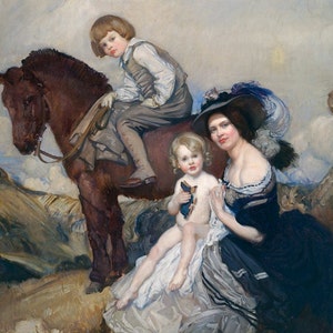 May include: A painting of a woman in a blue dress and a large hat, holding a young child. A young boy is riding a brown horse in the background.