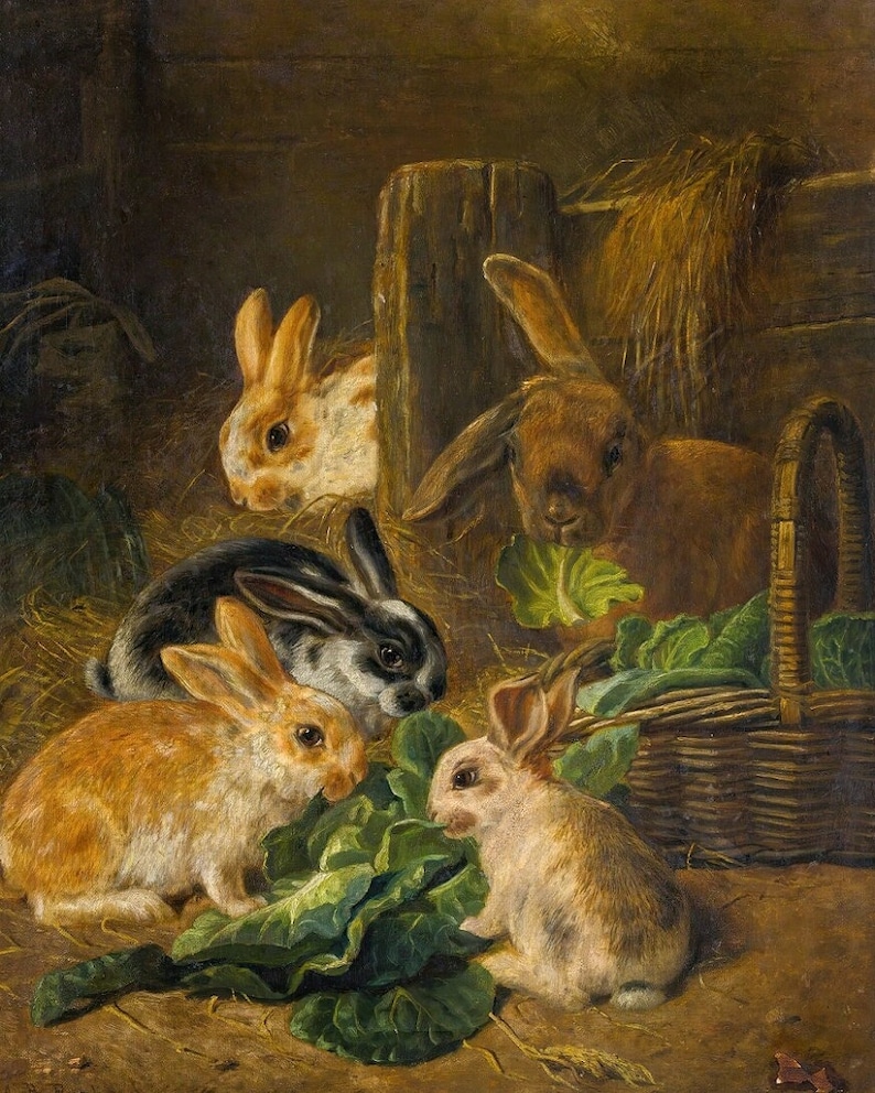 Puede incluir: Cuatro conejos, dos marrones, uno blanco y negro y uno blanco con manchas marrones, est&aacute;n reunidos alrededor de una cesta de verduras de hoja verde. Los conejos est&aacute;n en un entorno de granero con heno y madera.