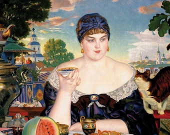 LARGE 12x18 Poster Print, Art Deco Woman and Her Cat Having Tea, Portrait of a Flapper, Art Print, 1920’s, Art Deco Art, Tea Time, Cat Art,