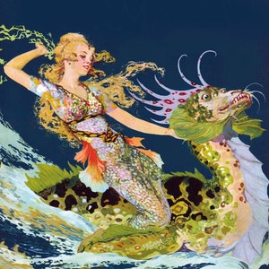 Mermaid Riding Sea Serpent Illustration, Mermaid, Art Nouveau, Ocean Art, Mermaids, Art Deco, 1920’s, Fantasy Art, Selkie, Puck, Nymph, 309