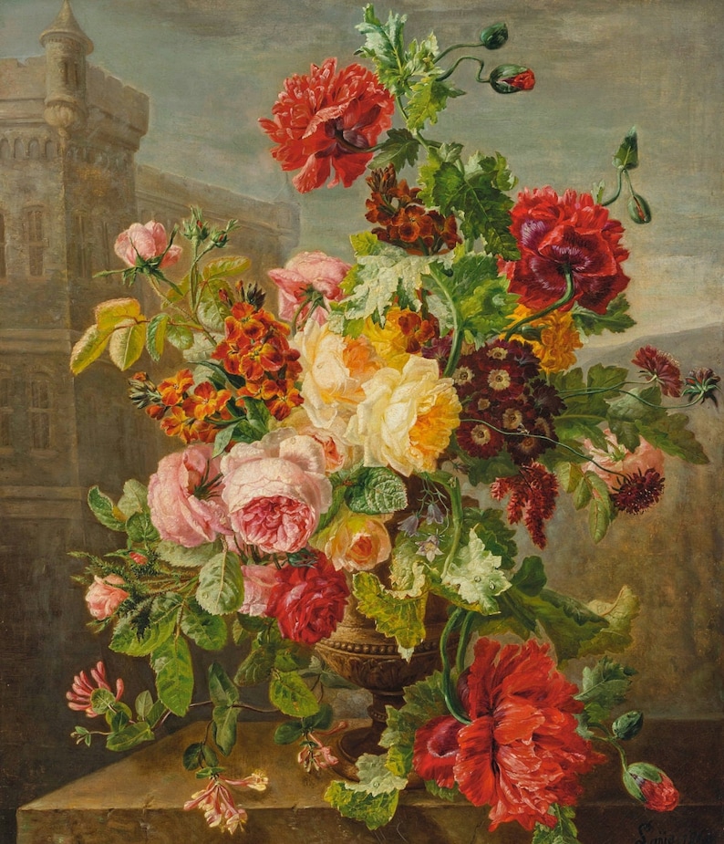 May include: A still life painting depicting a floral arrangement in a bronze urn. The bouquet includes red poppies, pink and yellow roses, and other colourful flowers. A castle is visible in the background, painted in muted tones.