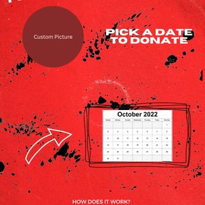 May include: A red poster with black paint splatters and a white arrow pointing to a calendar. The calendar is for October 2022. The poster says "Noah's Baseball Fundraiser" and "Pick a Date to Donate". The text below the calendar explains how the fundraiser works: "You pick a date in October to donate and pay that amount. For example, October 1st = $1 donated, October 13th = $13 donated, October 31st = $31 donated."