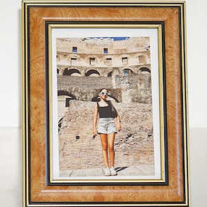 Burl Wood Picture Frame with Black and Gold Trim, Hollywood Regency Style Tabletop Frame