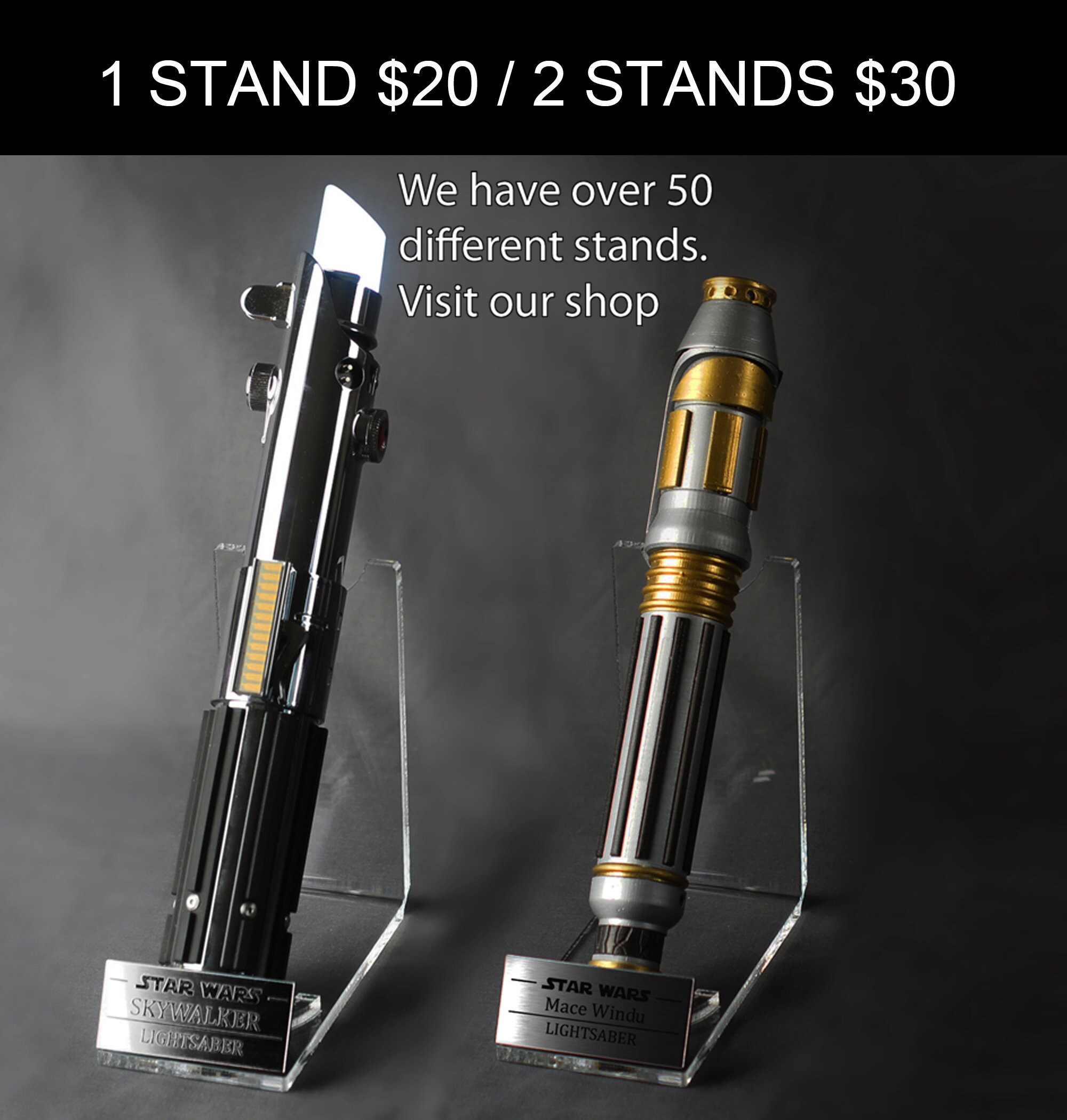 Adj Acrylic Light saber display stand holder w engraved Star Wars image Adj Acrylic Light saber display stand holder w engraved Star Wars image