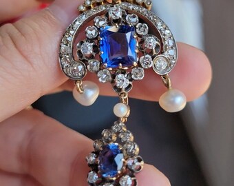 Antique Victorian French 18K Gold Silver GIA No Heat Sri Lanka Ceylon Sapphire Old Cut Diamond Pearl Pendant