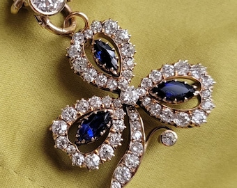 Antique 14K Gold Clover Brooch Pendant: GIA No Heat Sapphire, Old Mine Cut Diamond