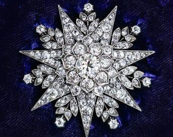 GIA Victorian Diamond Starburst Brooch Pendant: 14K Gold, 11.22 CTW