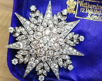 GIA Victorian Diamond Starburst Brooch Pendant: 14K Gold, 11.22 CTW