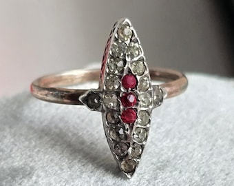 Antique Vermeil Sterling Silver Paste Navette Ring, Victorian Jewelry, Size 7.5