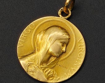 Antique French 18K Gold Virgin Mary Medal Pendant Engraved 1943, Religious Protection Charm