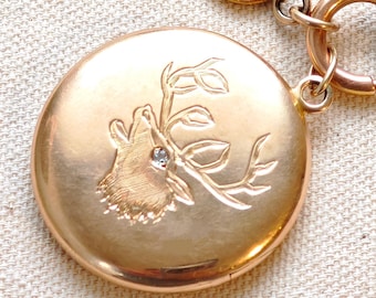 Antico medaglione con cervo e alce con diamanti 14k, monogramma AF