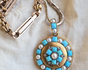 Antico medaglione floreale francese in oro 18 carati con turchese, perle e diamanti taglio rosa, fine XIX secolo