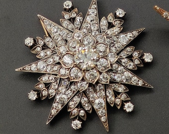 GIA Victorian Diamond Starburst Brooch Pendant: 14K Gold, 11.22 CTW