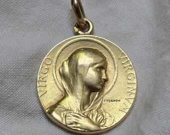 Antique French 18K Gold Devotional Virgin Mary Medal Pendant, Religious Protection Charm