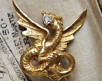 Antique French 18k Gold Old Mine Cut Damond Chimera Griffin Dragon Brooch, Circa 1900