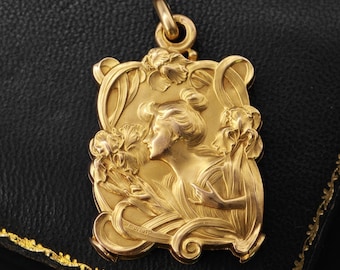Reserved Antique Art Nouveau French 18k Repoussé Gibson Girl Rectangular Slide Locket, Gift for Her