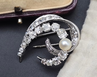 Vintage Mauboussin 18k Gold Diamond Pearl Brooch, Retro French Design