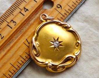 Antique Art Nouveau Repoussé 10K Gold Starburst Old Mine Diamond Locket