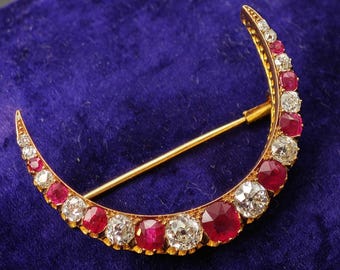 Antique 14K Gold Burmese Ruby Diamond Crescent Brooch