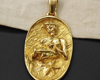 Vintage French 18K Aquarius Zodiac Horoscope Charm Pendant, Lucky Charm
