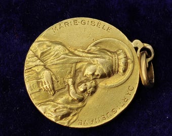 Antique French 18K  Jesus and  Virgin Mary Double-sided Religious Medal Charm Pendant, Protection Charm