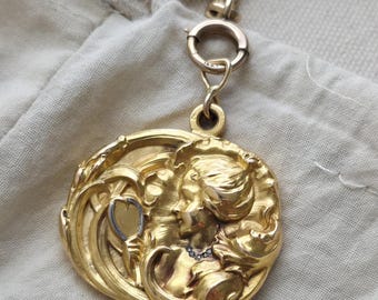 Antique Art Nouveau French 18k Repoussé Gibson Girl  Oval Slide Locket, Gift for Her