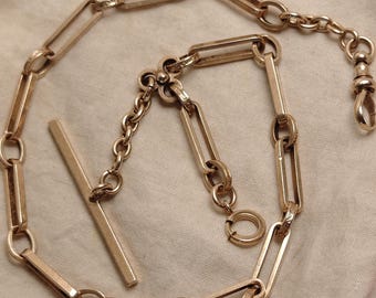 Collana girocollo con catena da orologio Albert a maglie ovali e graffetta in oro massiccio 14 carati, anni '90, riservata, 14", regalo per lei