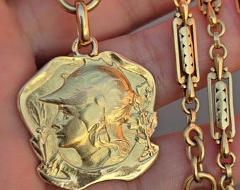 Antique French Art Nouveau 18K Gold Warrior Medallion Pendant – Charles Édouard Fraisse