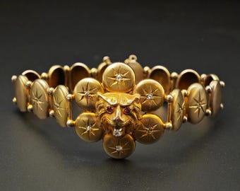 SOLD Antique Art Nouveau 10k Gold Old Cut Diamond Lion/Leo Hinge Bracelet, Circa 1900, Gift for Her