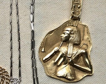 Vintage 14K Gold Egyptian Pharaoh Pendant | Large Ancient Egypt Revival Charm | Hieroglyphic Gold Pendant |  Lucky Charm