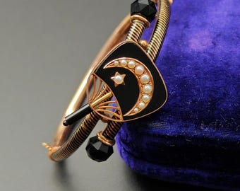 SOLD Victorian 14K Gold Onyx Enamel Crescent Bangle, Split Pearl Accent, Small Child Wrist