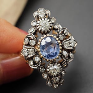 Victorian Revival Sapphire Diamond Ring: 18K Silver Navette Cocktail Ring, Size 7