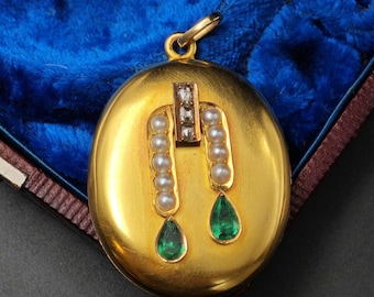 Antico medaglione portafoto in oro 15 carati: smeraldo vittoriano, diamante e perla